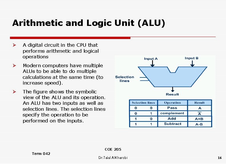 Arithmetic and Logic Unit (ALU) Ø A digital circuit in the CPU that performs