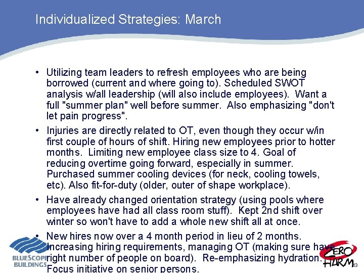 Individualized Strategies: March • Utilizing team leaders to refresh employees who are being borrowed