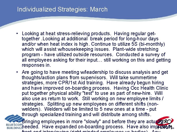 Individualized Strategies: March • Looking at heat stress-relieving products. Having regular gettogether. Looking at