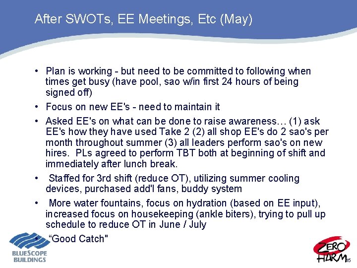 After SWOTs, EE Meetings, Etc (May) • Plan is working - but need to