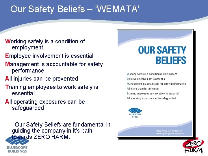 Our Safety Beliefs – ‘WEMATA’ Working safely is a condition of employment Employee involvement