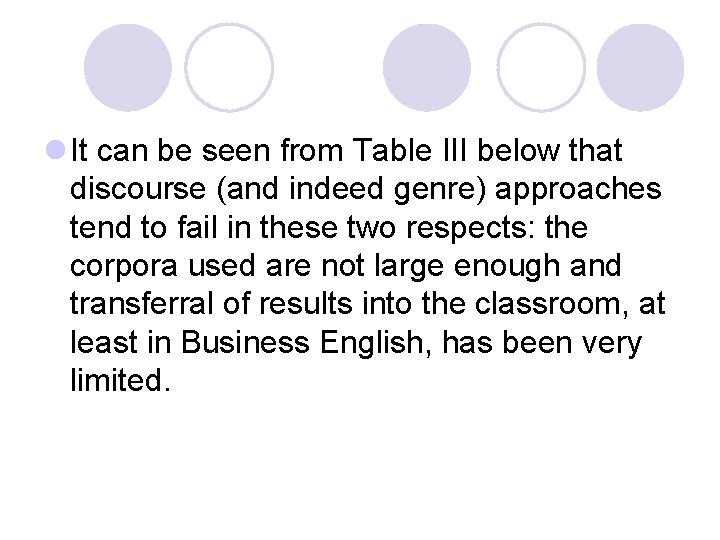 l It can be seen from Table III below that discourse (and indeed genre)