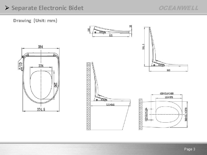 Ø Separate Electronic Bidet OCEANWELL Drawing (Unit: mm) Page 3 