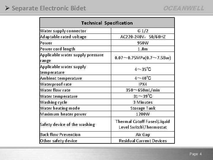 OCEANWELL Ø Separate Electronic Bidet Technical Specification Water supply connector Adaptable rated voltage Power