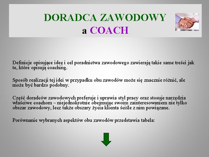 DORADCA ZAWODOWY a COACH Definicje opisujące ideę i cel poradnictwa zawodowego zawierają takie same