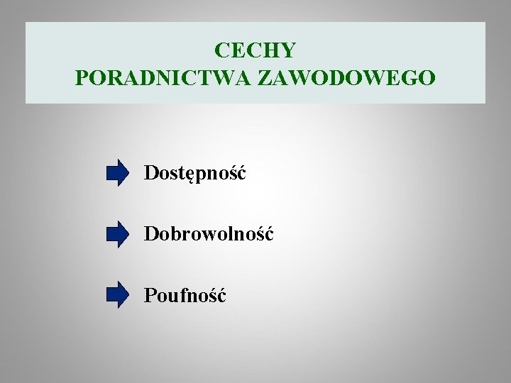 CECHY PORADNICTWA ZAWODOWEGO Dostępność Dobrowolność Poufność 