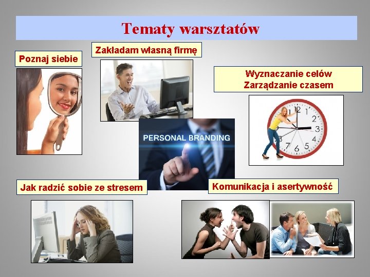 Tematy warsztatów Poznaj siebie Zakładam własną firmę Wyznaczanie celów Zarządzanie czasem Jak radzić sobie