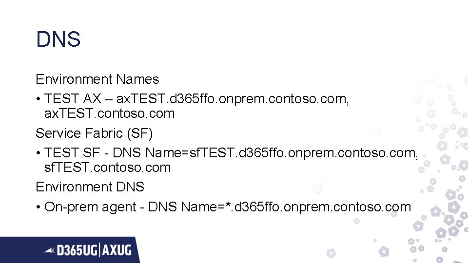DNS Environment Names • TEST AX – ax. TEST. d 365 ffo. onprem. contoso.