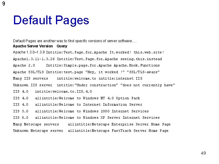 9 Default Pages are another way to find specific versions of server software…. Apache