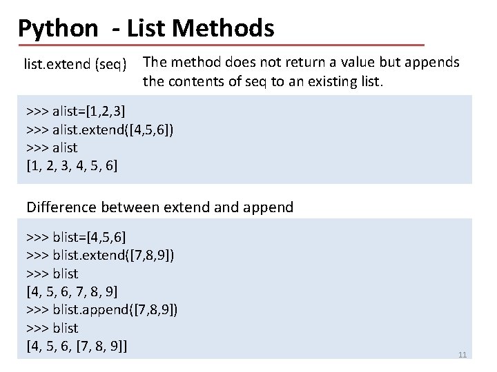 Python - List Methods list. extend (seq) The method does not return a value