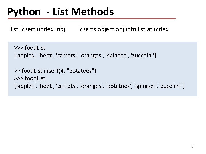 Python - List Methods list. insert (index, obj) Inserts object obj into list at