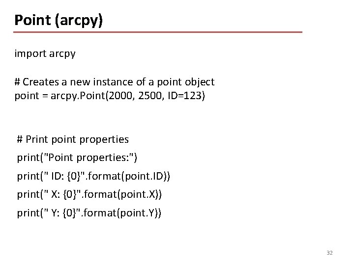 Point (arcpy) import arcpy # Creates a new instance of a point object point
