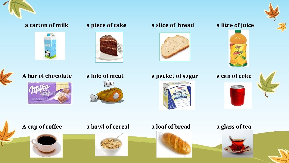 a carton of milk a piece of cake a slice of bread a litre a carton of milk a piece of cake a slice of bread a litre