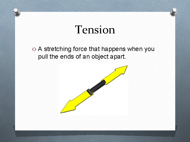 Tension O A stretching force that happens when you pull the ends of an