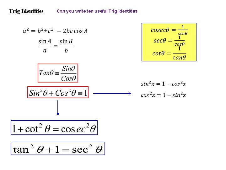 Trig Identities Can you write ten useful Trig identities 