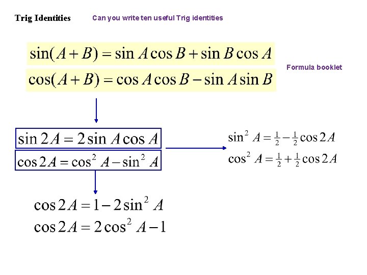 Trig Identities Can you write ten useful Trig identities Formula booklet 
