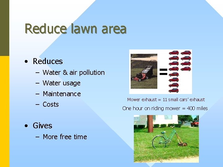 Reduce lawn area • Reduces – Water & air pollution – Water usage –