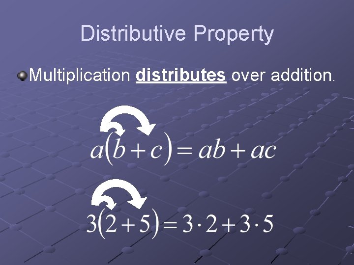 Distributive Property Multiplication distributes over addition. 