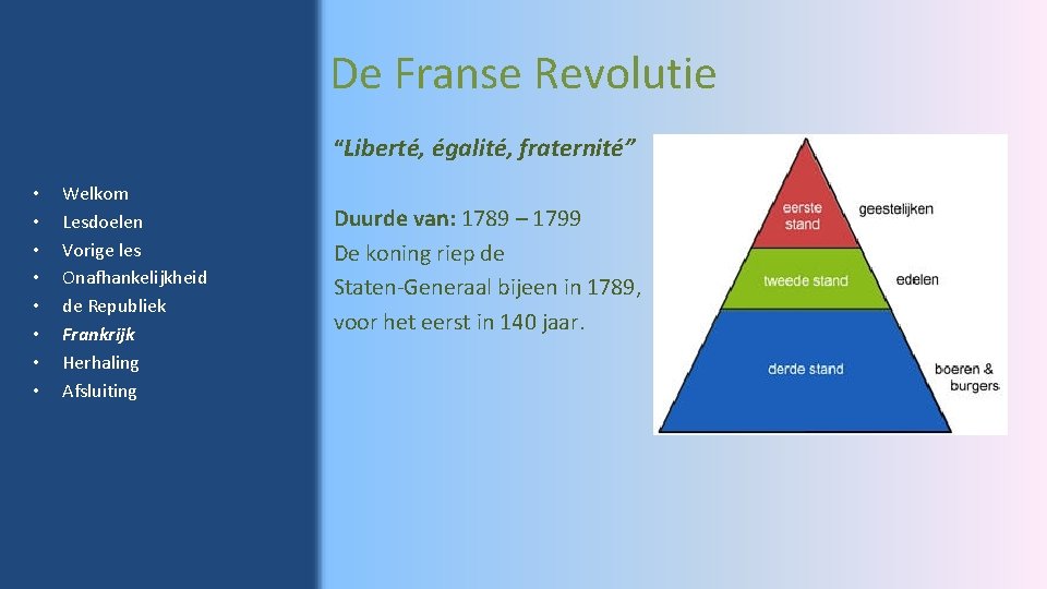 De Franse Revolutie “Liberté, égalité, fraternité” • • Welkom Lesdoelen Vorige les Onafhankelijkheid de