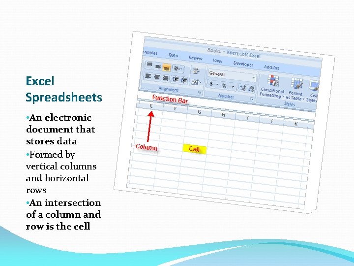 Excel Spreadsheets • An electronic document that stores data • Formed by vertical columns