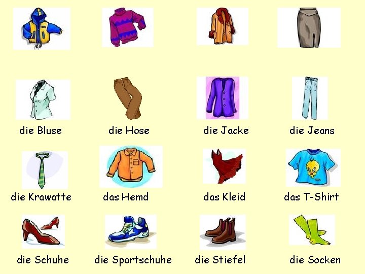 die Bluse die Krawatte die Schuhe die Hose das Hemd die Sportschuhe die Jacke