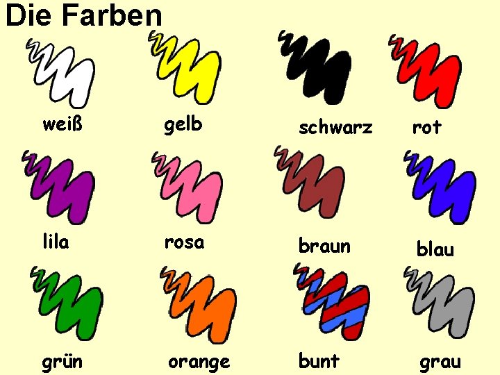 Die Farben weiß gelb schwarz rot lila rosa braun blau grün orange bunt grau