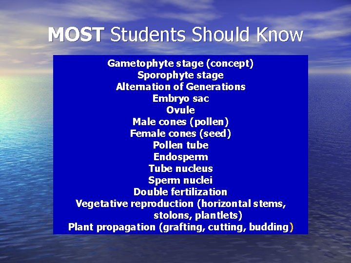 MOST Students Should Know Gametophyte stage (concept) Sporophyte stage Alternation of Generations Embryo sac
