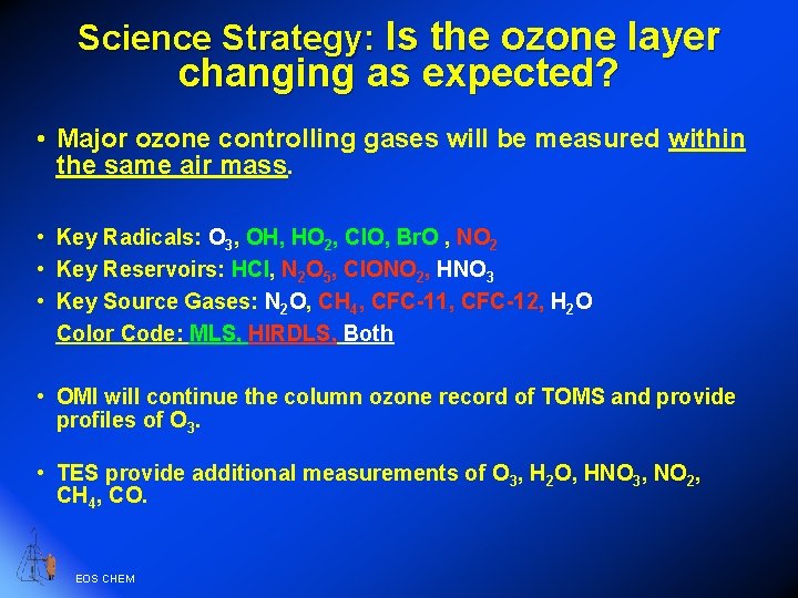 Science Strategy: Is the ozone layer changing as expected? • Major ozone controlling gases