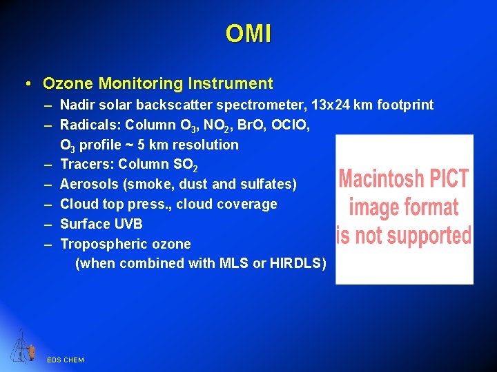OMI • Ozone Monitoring Instrument – Nadir solar backscatter spectrometer, 13 x 24 km
