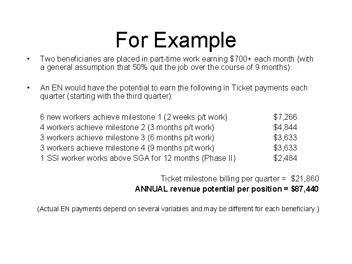 For Example • Two beneficiaries are placed in part-time work earning $700+ each month