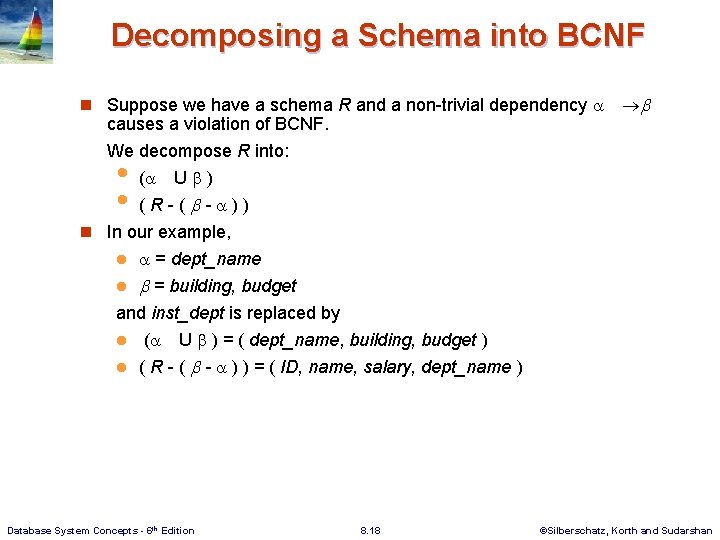 Decomposing a Schema into BCNF n Suppose we have a schema R and a