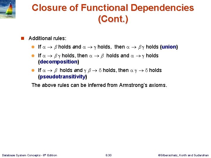 Closure of Functional Dependencies (Cont. ) n Additional rules: l If holds and holds,
