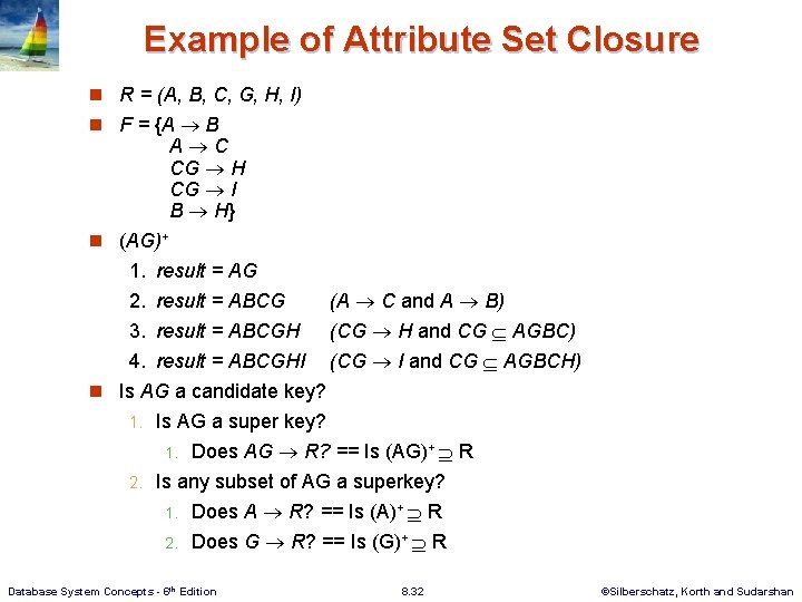 Example of Attribute Set Closure n R = (A, B, C, G, H, I)