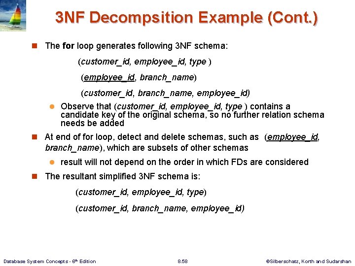 3 NF Decompsition Example (Cont. ) n The for loop generates following 3 NF