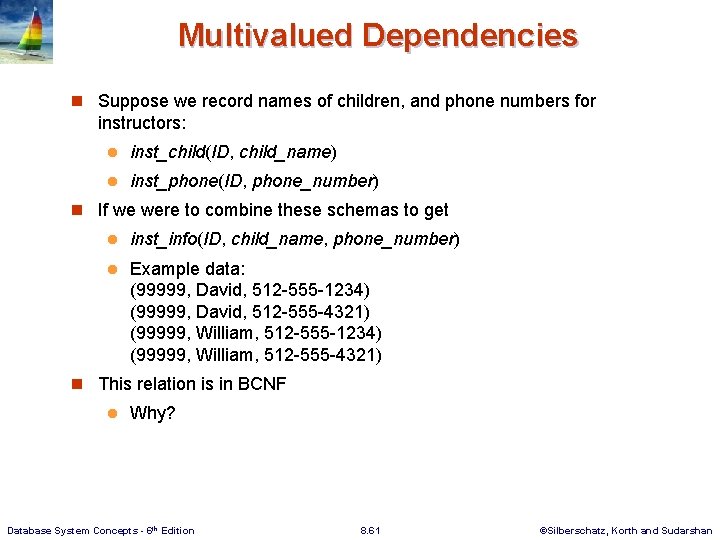 Multivalued Dependencies n Suppose we record names of children, and phone numbers for instructors: