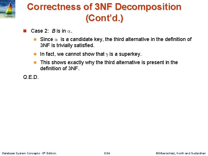 Correctness of 3 NF Decomposition (Cont’d. ) n Case 2: B is in .