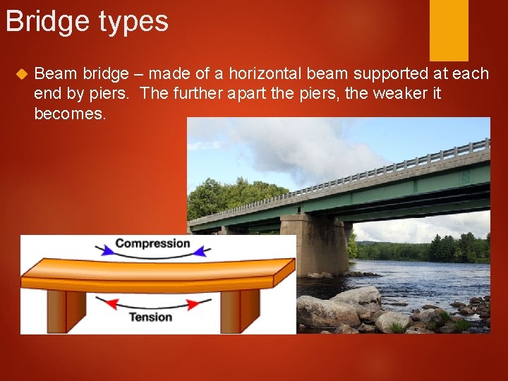 Bridge types Beam bridge – made of a horizontal beam supported at each end