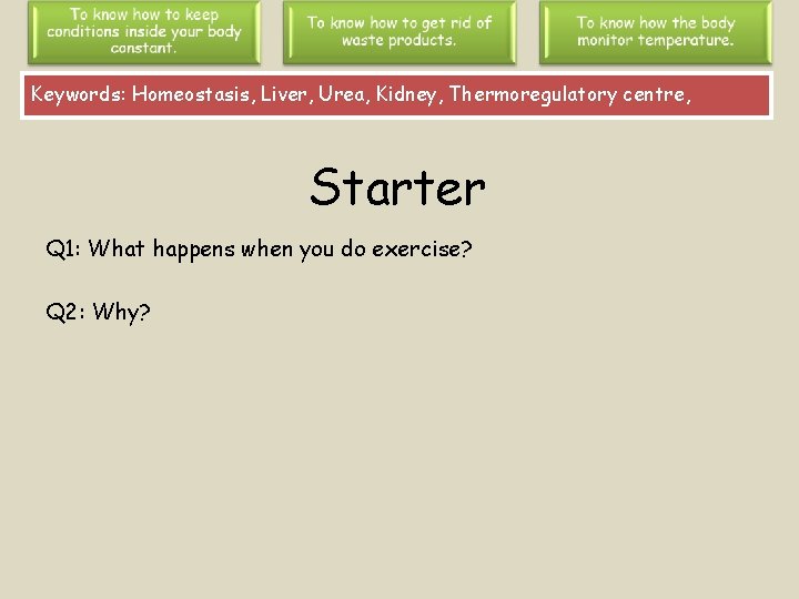 Keywords: Homeostasis, Liver, Urea, Kidney, Thermoregulatory centre, Starter Q 1: What happens when you