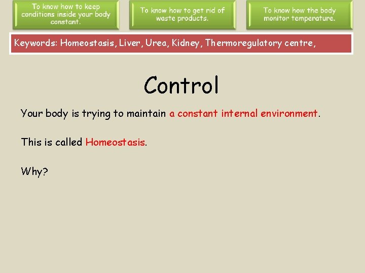 Keywords: Homeostasis, Liver, Urea, Kidney, Thermoregulatory centre, Control Your body is trying to maintain