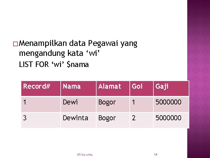 � Menampilkan data Pegawai yang mengandung kata ‘wi’ LIST FOR ‘wi’ $nama Record# Nama