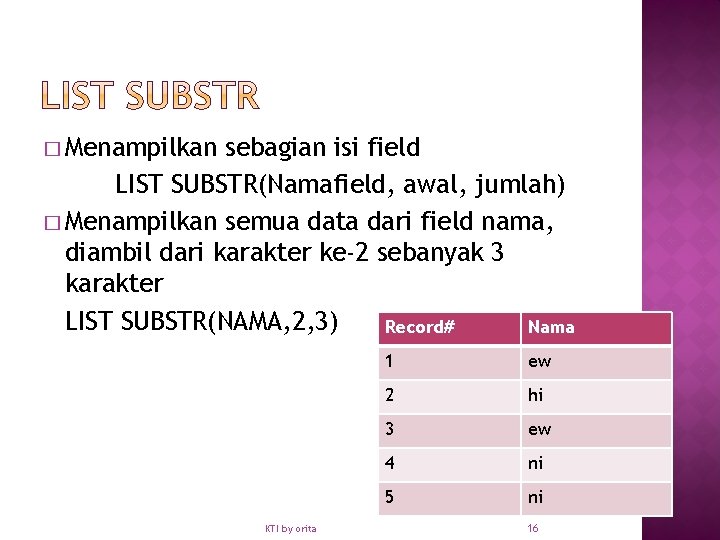 � Menampilkan sebagian isi field LIST SUBSTR(Namafield, awal, jumlah) � Menampilkan semua data dari