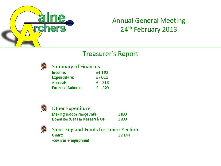 Annual General Meeting 24 th February 2013 Treasurer’s Report Summary of Finances Income: Expenditure: