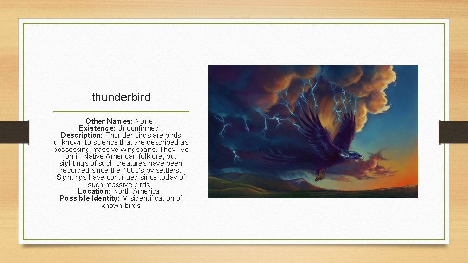 thunderbird Other Names: None. Existence: Unconfirmed. Description: Thunder birds are birds unknown to science