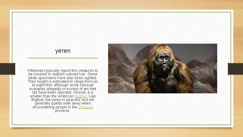 yeren Witnesses typically report the creatures to be covered in reddish colored hair. Some