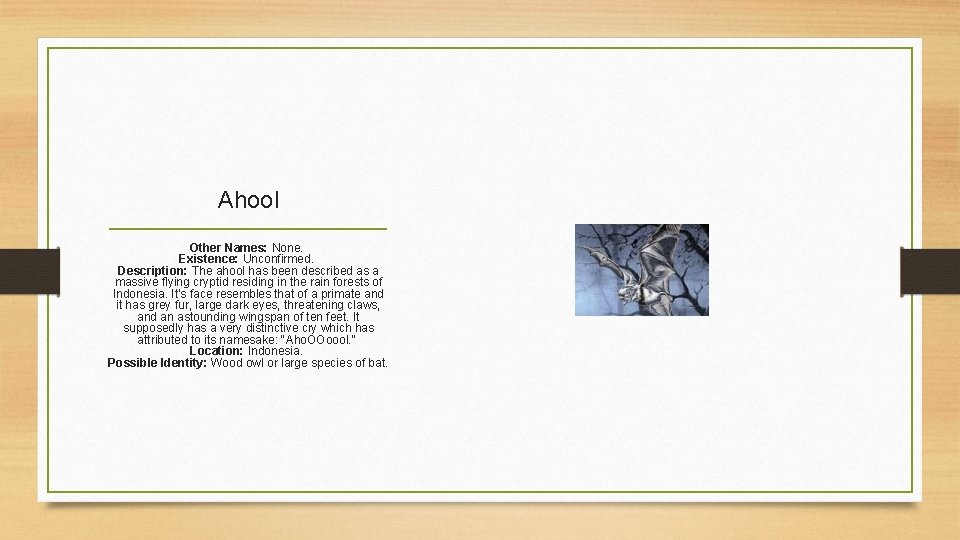 Ahool Other Names: None. Existence: Unconfirmed. Description: The ahool has been described as a