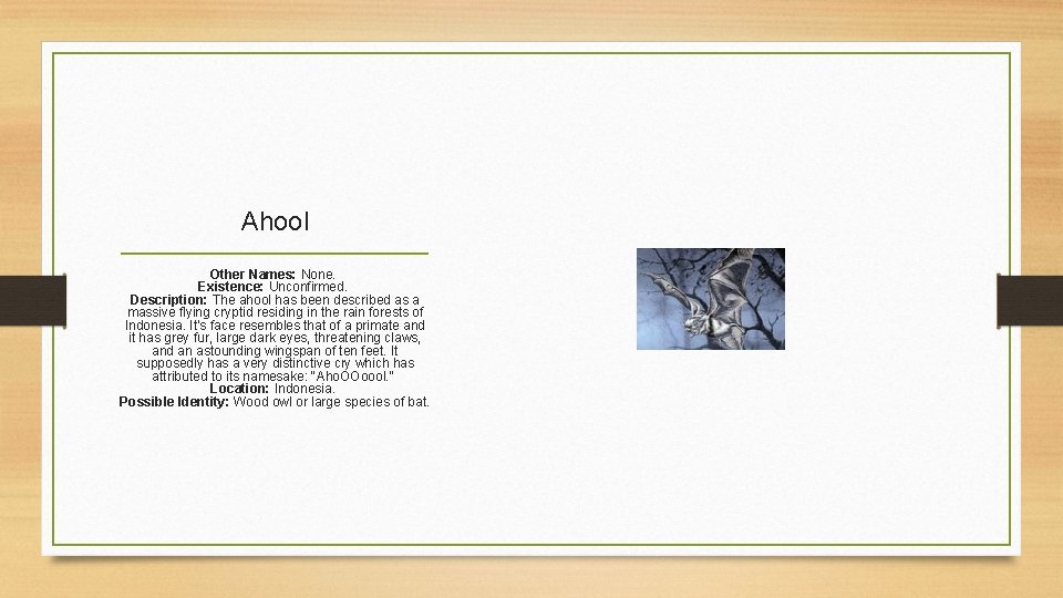 Ahool Other Names: None. Existence: Unconfirmed. Description: The ahool has been described as a