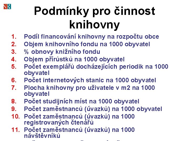 Podmínky pro činnost knihovny 1. 2. 3. 4. 5. Podíl financování knihovny na rozpočtu