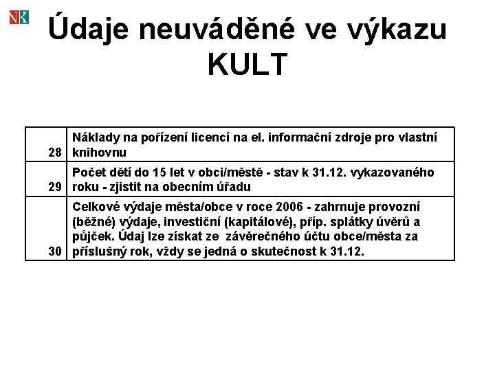 Údaje neuváděné ve výkazu KULT Náklady na pořízení licencí na el. informační zdroje pro