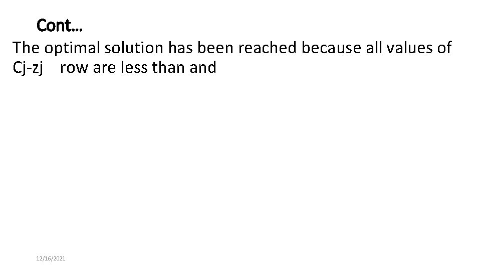 Cont… The optimal solution has been reached because all values of Cj-zj row are