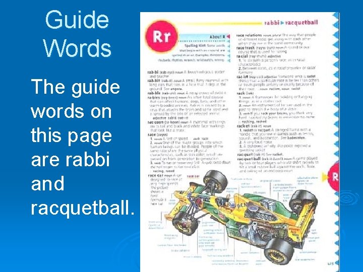 Guide Words The guide words on this page are rabbi and racquetball. 